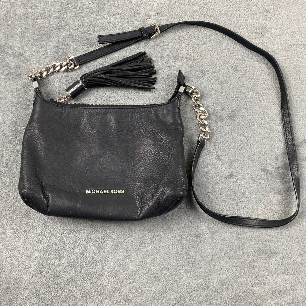 Michael Kors Women Small Crossbody Black Pebbled Leather Tassel Silver Hardware